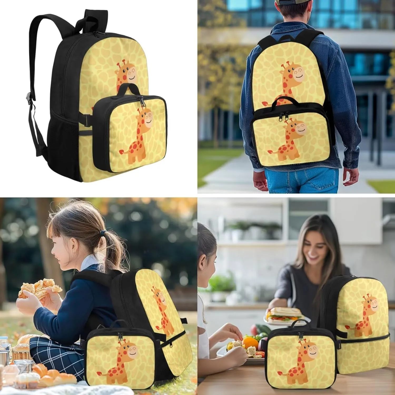 Babrukda 17 Inch School Backpack Set with Insulated Lunch Tote Bag, Small Insulated Lunch Bag for Girls Pencil Box Case Storage, Leakproof Food Storage Container, Cute Giraffe