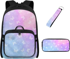 Babrukda 17 Inch School Backpack Set with Small Lunch Box Bag for Girls Pencil Box Case Storage, Insulated Lunch Bag for Kids Pencil Bag Zipper Pouch with Keychain Wristlet, Galaxy Butterfly Design