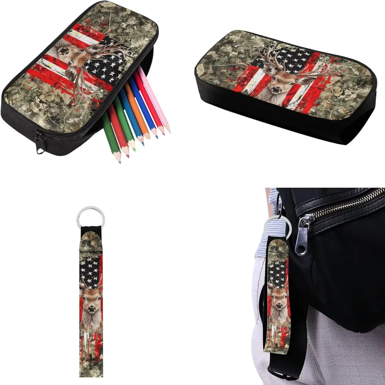 Babrukda American Flag Deer Camo Backpacks Set for Boys Insulated Lunch Bag, Kids' Backpacks with Pencil Bag Organizer Pouch for Travel Hiking Picnic, Gifts for Middle School College Children