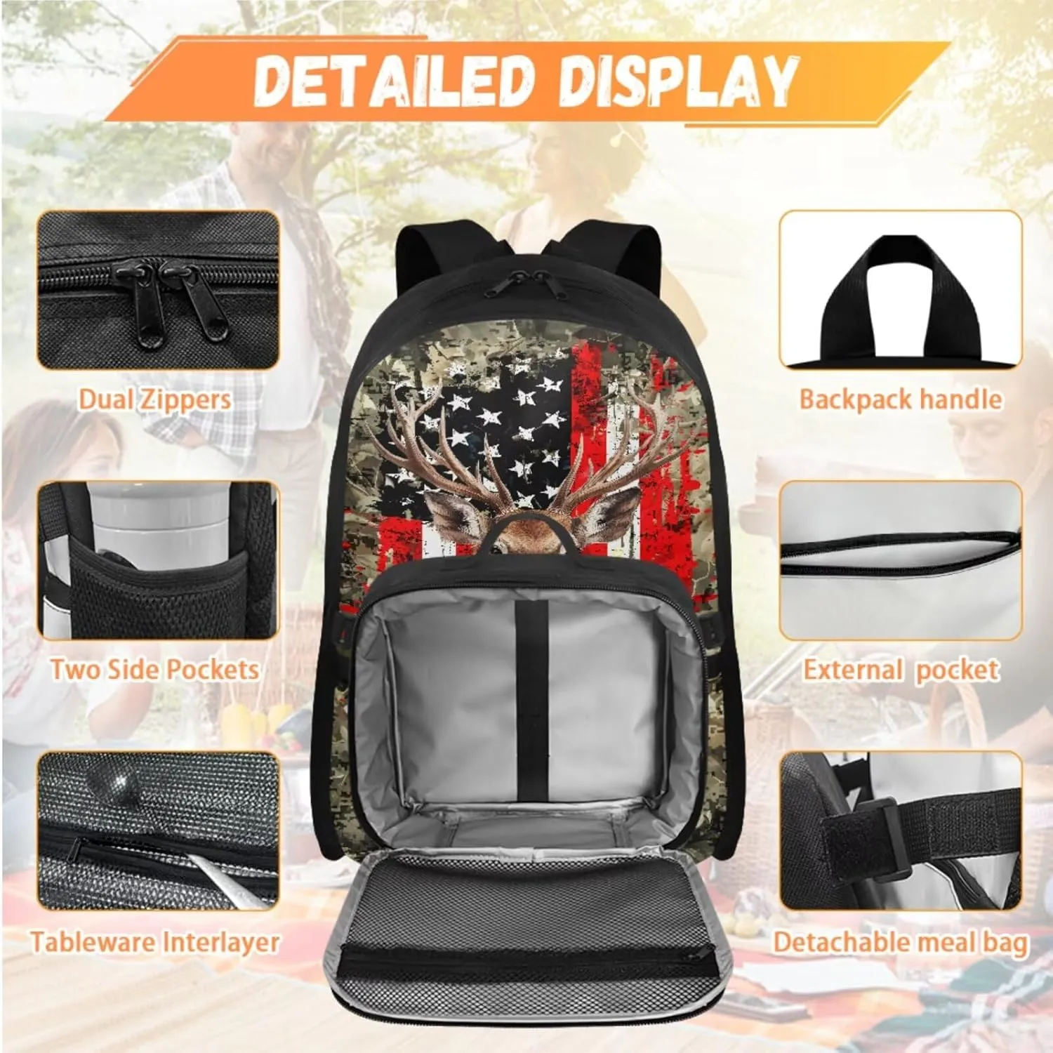 Babrukda American Flag Deer Camo Backpacks Set for Boys Insulated Lunch Bag, Kids' Backpacks with Pencil Bag Organizer Pouch for Travel Hiking Picnic, Gifts for Middle School College Children