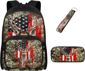 Babrukda American Flag Deer Camo Backpacks Set for Boys Insulated Lunch Bag, Kids' Backpacks with Pencil Bag Organizer Pouch for Travel Hiking Picnic, Gifts for Middle School College Children
