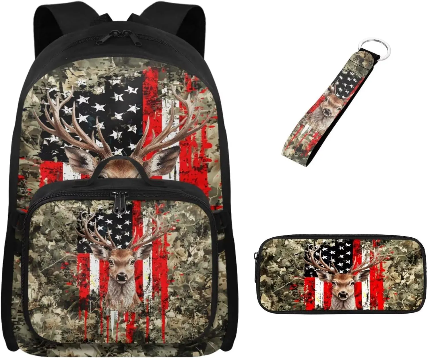 Babrukda American Flag Deer Camo Backpacks Set for Boys Insulated Lunch Bag, Kids' Backpacks with Pencil Bag Organizer Pouch for Travel Hiking Picnic, Gifts for Middle School College Children