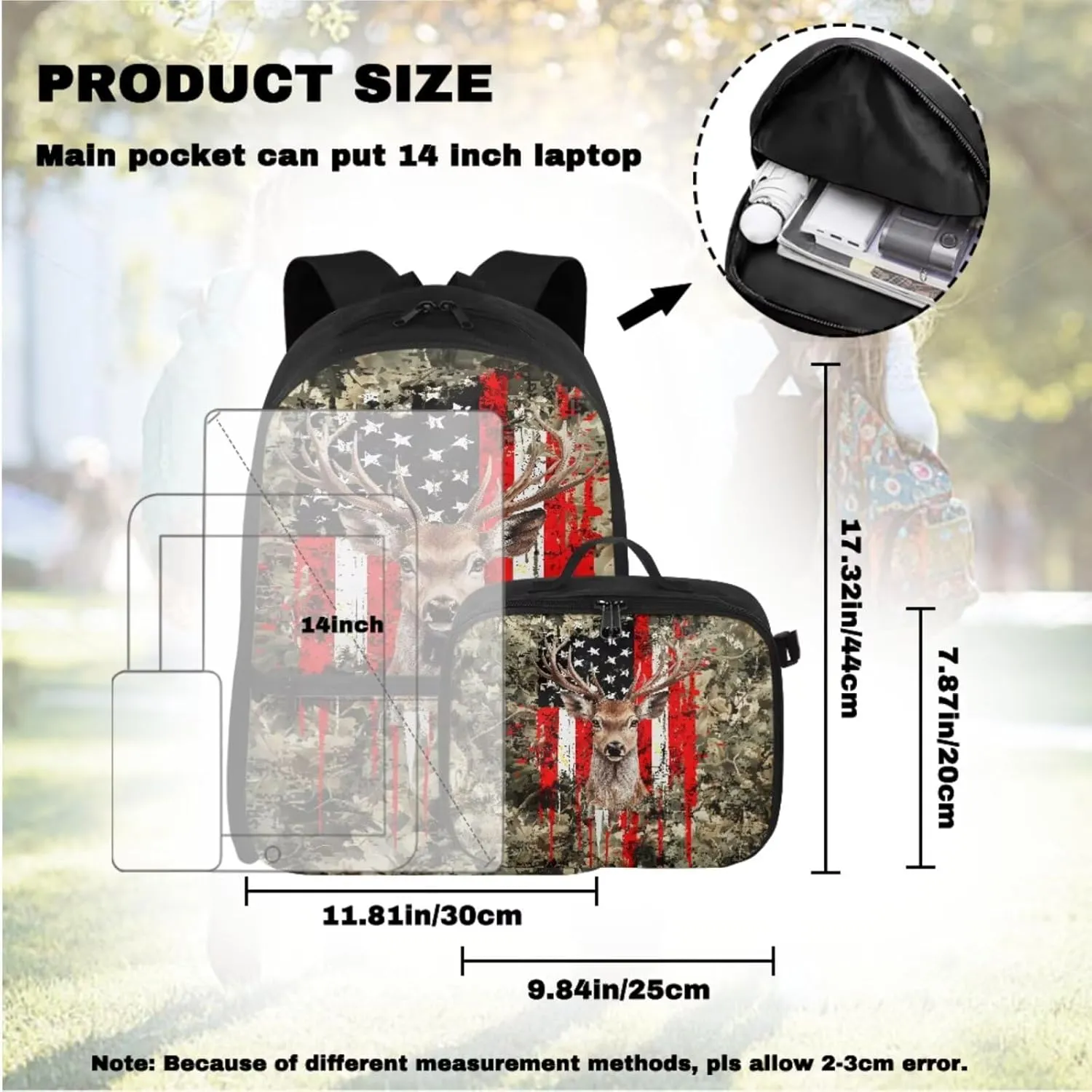 Babrukda American Flag Deer Camo Backpacks Set for Boys Insulated Lunch Bag, Kids' Backpacks with Pencil Bag Organizer Pouch for Travel Hiking Picnic, Gifts for Middle School College Children