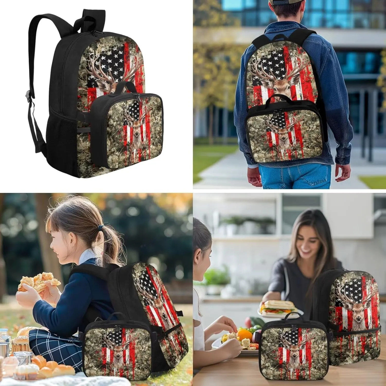 Babrukda American Flag Deer Camo Backpacks Set for Boys Insulated Lunch Bag, Kids' Backpacks with Pencil Bag Organizer Pouch for Travel Hiking Picnic, Gifts for Middle School College Children