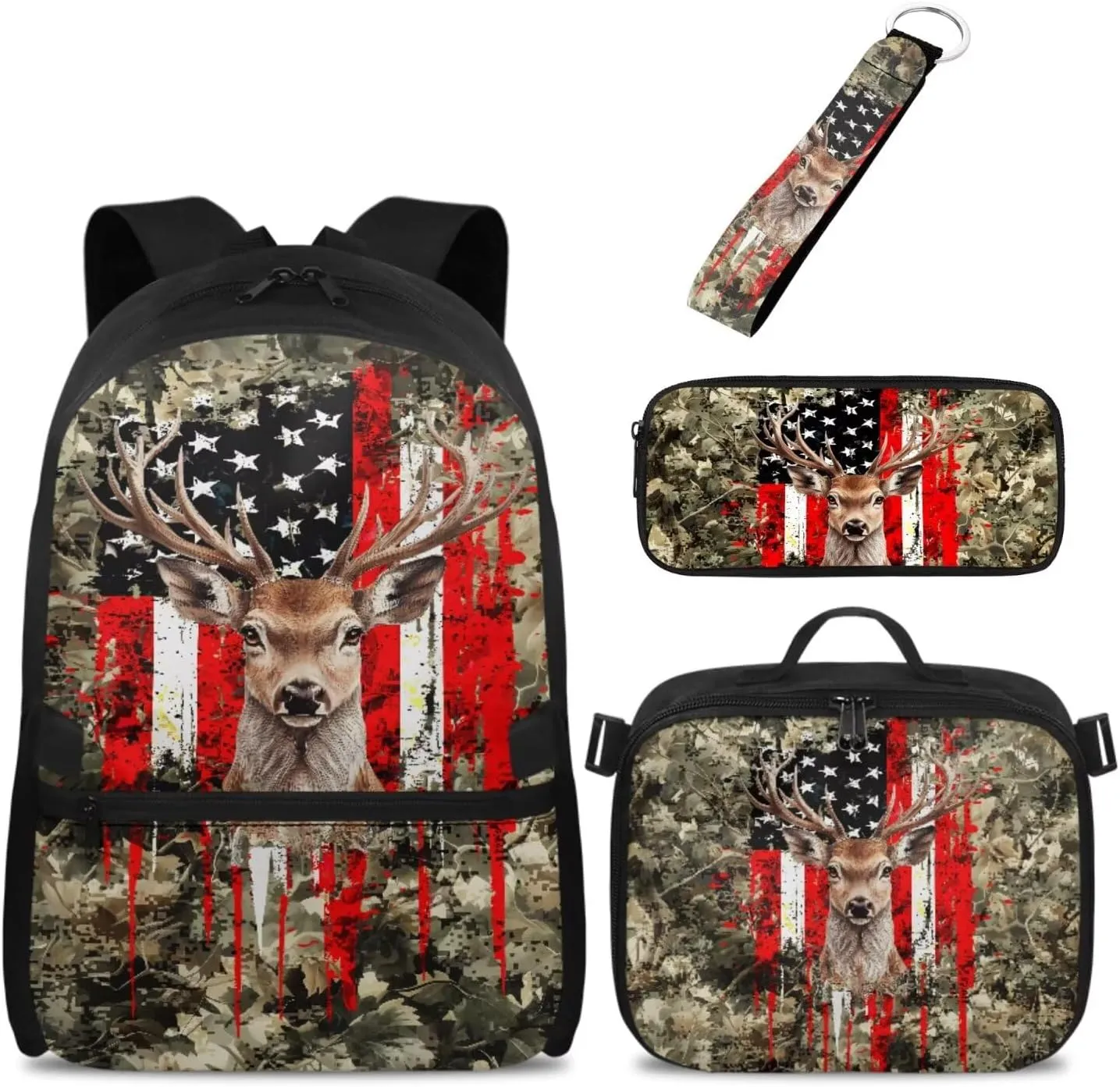 Babrukda American Flag Deer Camo Backpacks Set for Boys Insulated Lunch Bag, Kids' Backpacks with Pencil Bag Organizer Pouch for Travel Hiking Picnic, Gifts for Middle School College Children