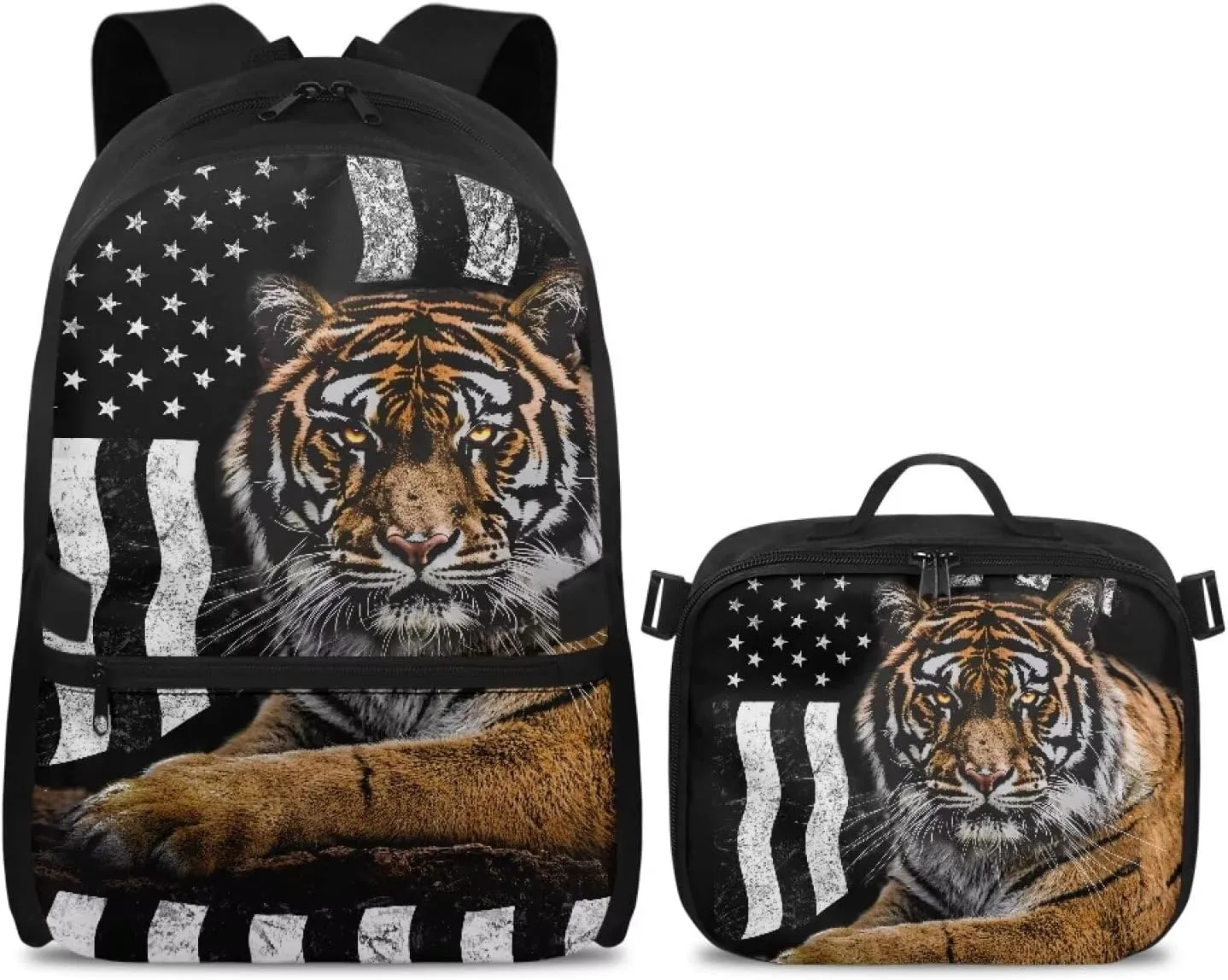 Babrukda American Flag Tiger School Backpack for Kids with Insulated Lunch Bag, Portable Lunch Tote Bag with 17 Inch Schoolbag for Boys Girls 2 Pieces School Supplies Set