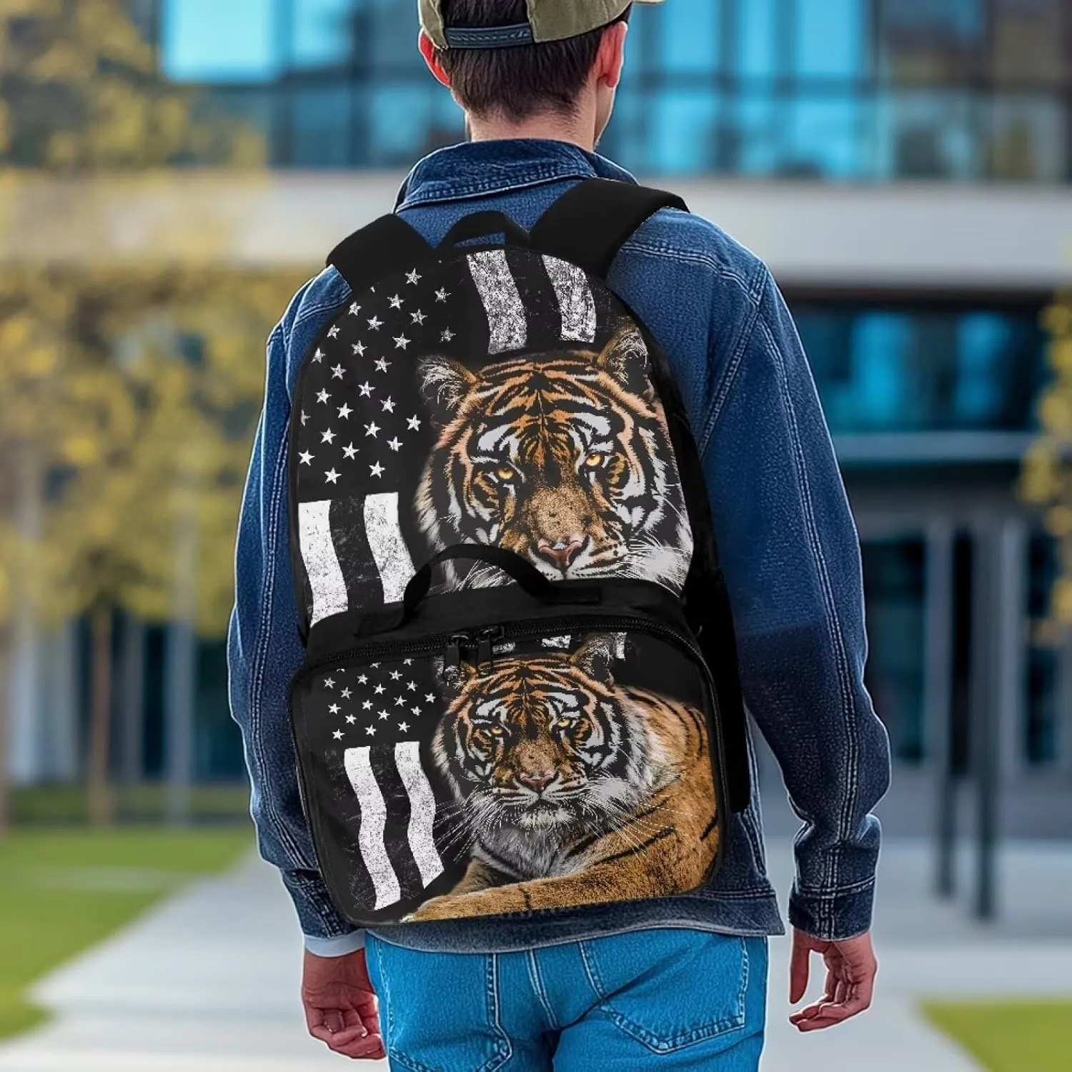 Babrukda American Flag Tiger School Backpack for Kids with Insulated Lunch Bag, Portable Lunch Tote Bag with 17 Inch Schoolbag for Boys Girls 2 Pieces School Supplies Set