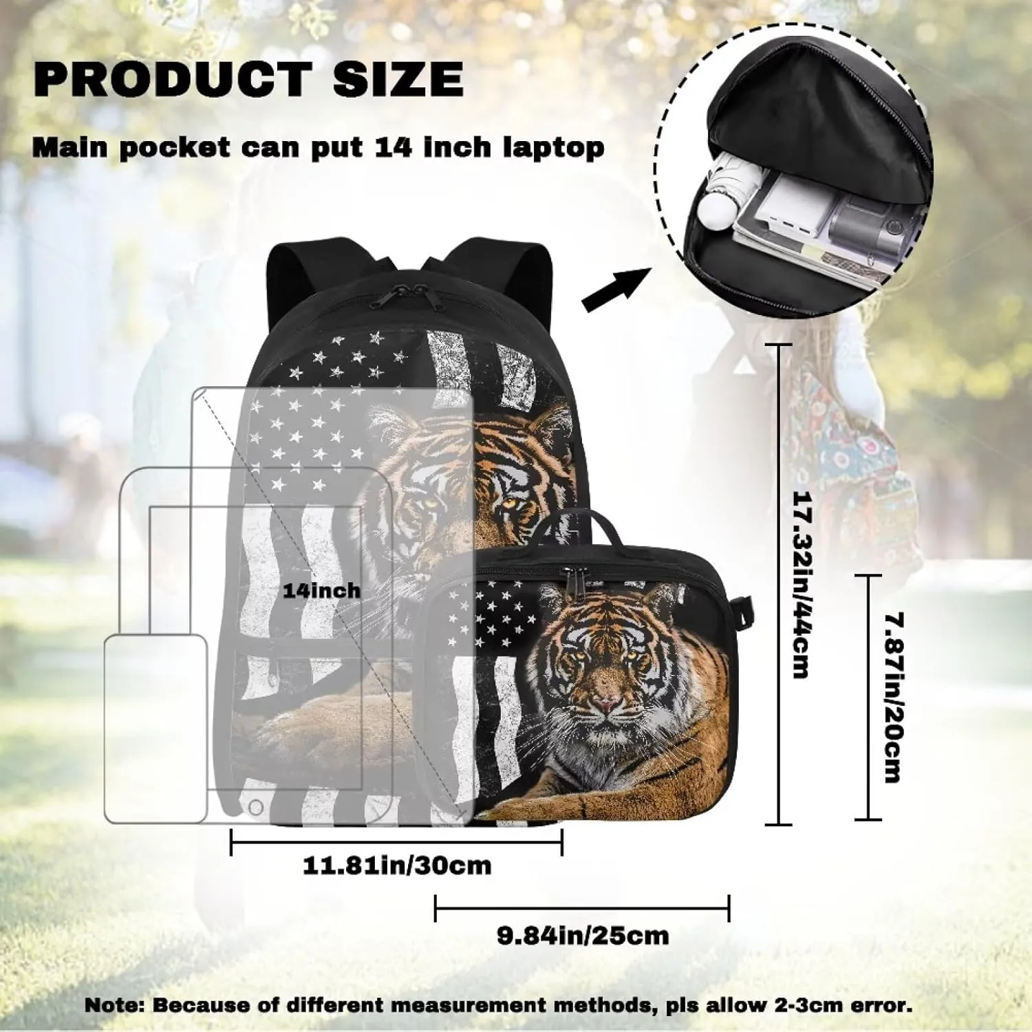 Babrukda American Flag Tiger School Backpack for Kids with Insulated Lunch Bag, Portable Lunch Tote Bag with 17 Inch Schoolbag for Boys Girls 2 Pieces School Supplies Set