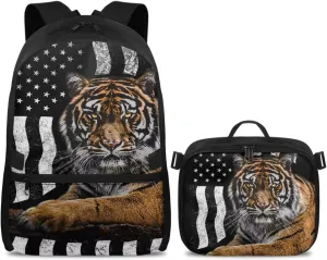 Babrukda American Flag Tiger School Backpack for Kids with Insulated Lunch Bag, Portable Lunch Tote Bag with 17 Inch Schoolbag for Boys Girls 2 Pieces School Supplies Set