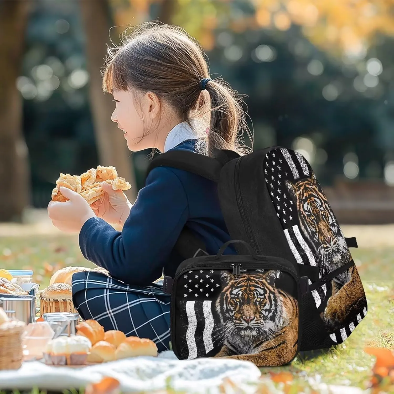 Babrukda American Flag Tiger School Backpack for Kids with Insulated Lunch Bag, Portable Lunch Tote Bag with 17 Inch Schoolbag for Boys Girls 2 Pieces School Supplies Set