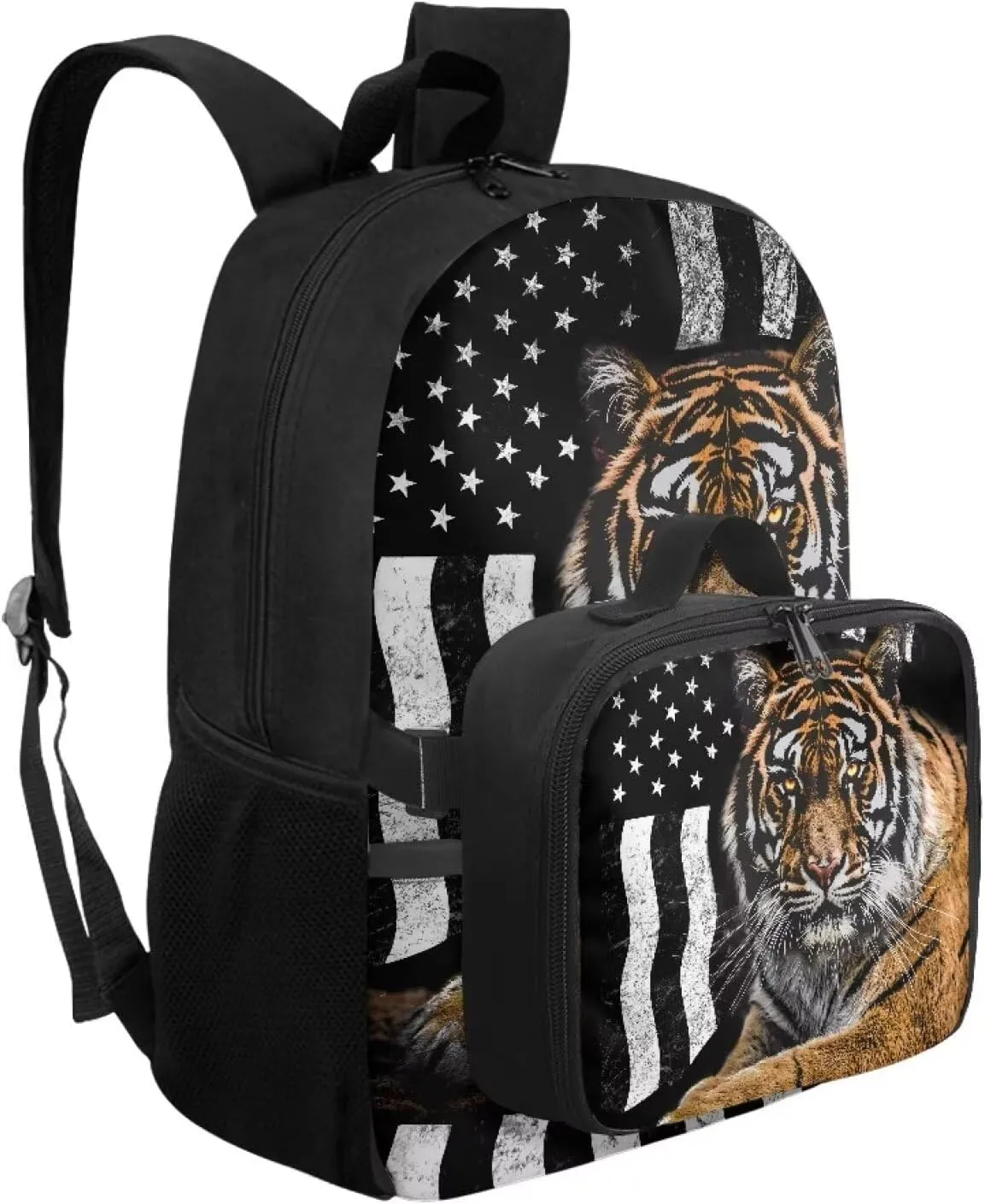 Babrukda American Flag Tiger School Backpack for Kids with Insulated Lunch Bag, Portable Lunch Tote Bag with 17 Inch Schoolbag for Boys Girls 2 Pieces School Supplies Set