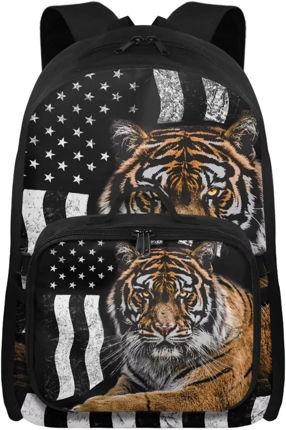 Babrukda American Flag Tiger School Backpack for Kids with Insulated Lunch Bag, Portable Lunch Tote Bag with 17 Inch Schoolbag for Boys Girls 2 Pieces School Supplies Set