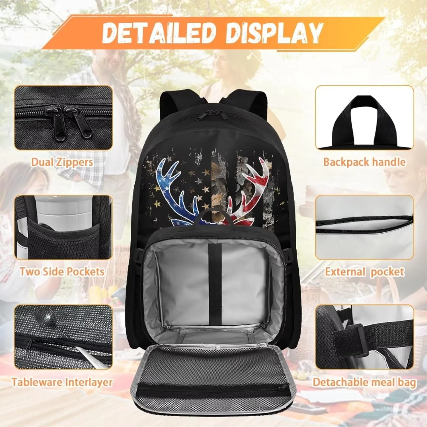 Babrukda Camo American Flag Deer Back To School Backpack Set for Boys Insulated Lunch Bag, Small Lunch Tote Bag for Teen Boys Outdoor Backpack Picnic Travel Hiking Kids' Backpacks Set