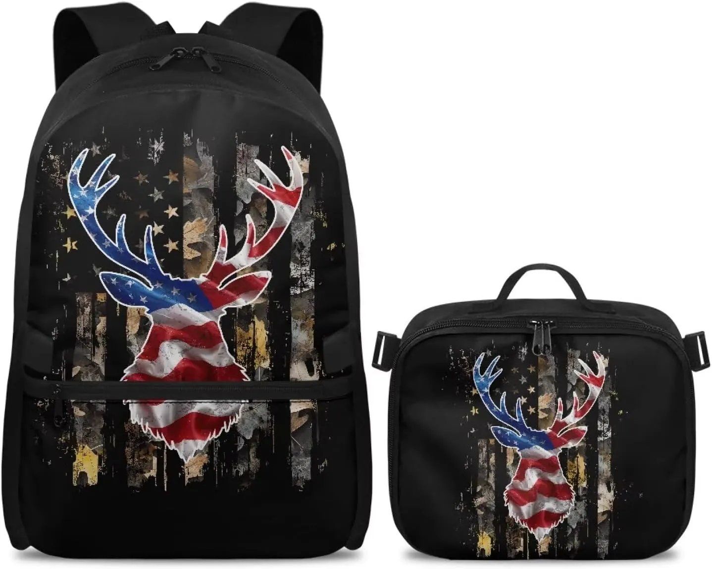 Babrukda Camo American Flag Deer Back To School Backpack Set for Boys Insulated Lunch Bag, Small Lunch Tote Bag for Teen Boys Outdoor Backpack Picnic Travel Hiking Kids' Backpacks Set
