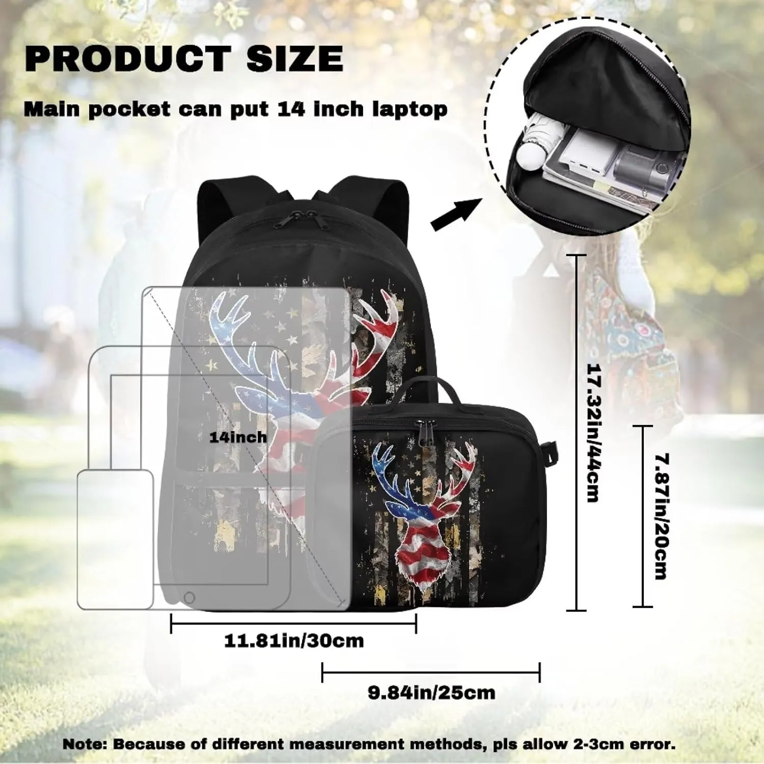 Babrukda Camo American Flag Deer Back To School Backpack Set for Boys Insulated Lunch Bag, Small Lunch Tote Bag for Teen Boys Outdoor Backpack Picnic Travel Hiking Kids' Backpacks Set