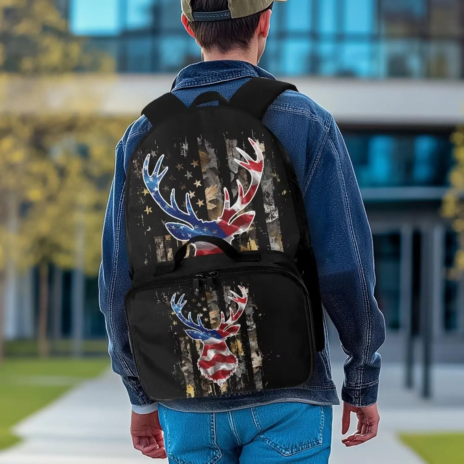 Babrukda Camo American Flag Deer Back To School Backpack Set for Boys Insulated Lunch Bag, Small Lunch Tote Bag for Teen Boys Outdoor Backpack Picnic Travel Hiking Kids' Backpacks Set