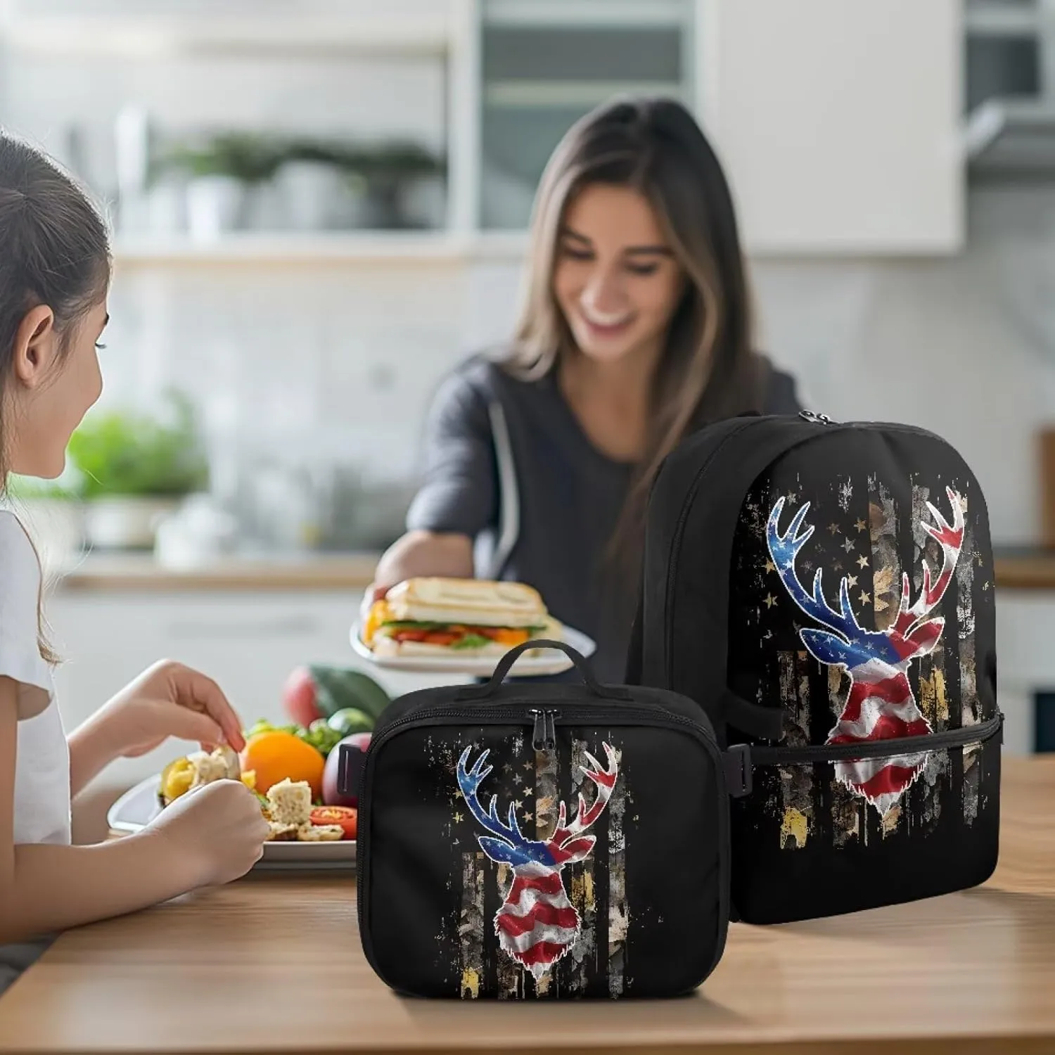 Babrukda Camo American Flag Deer Back To School Backpack Set for Boys Insulated Lunch Bag, Small Lunch Tote Bag for Teen Boys Outdoor Backpack Picnic Travel Hiking Kids' Backpacks Set