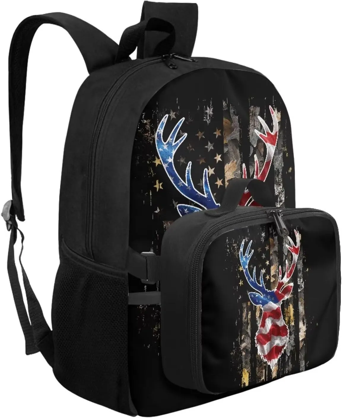 Babrukda Camo American Flag Deer Back To School Backpack Set for Boys Insulated Lunch Bag, Small Lunch Tote Bag for Teen Boys Outdoor Backpack Picnic Travel Hiking Kids' Backpacks Set