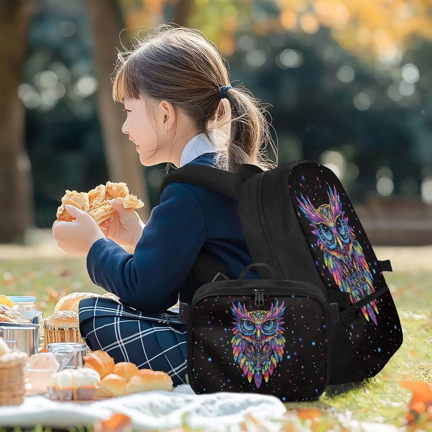 Babrukda Colorful Owl 17 Inch School Backpack Set for Boys 8-12 with Insulated Lunch Bag, Portable Small Lunch Tote Bag for Kids Large Capacity School Bag with Adjustable Shoulder Straps