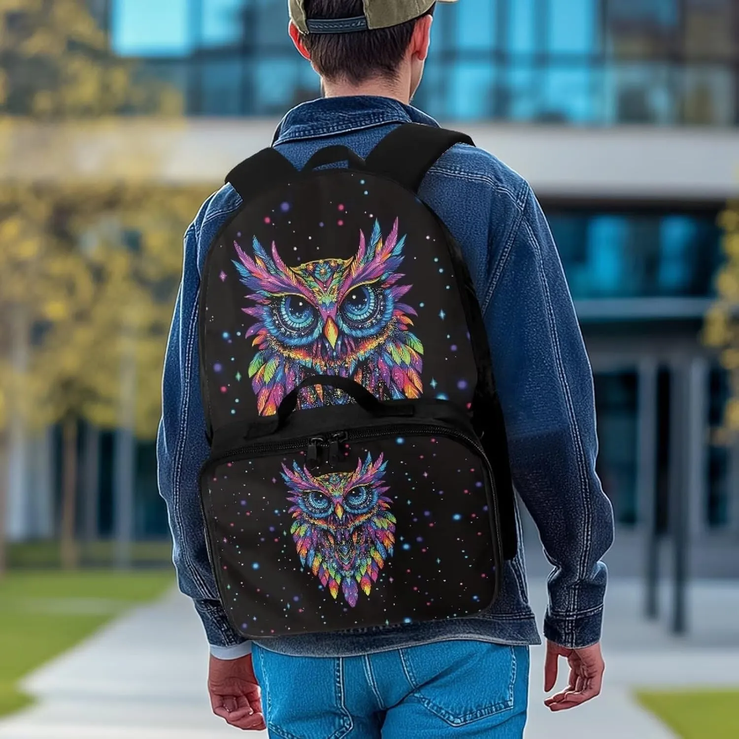 Babrukda Colorful Owl 17 Inch School Backpack Set for Boys 8-12 with Insulated Lunch Bag, Portable Small Lunch Tote Bag for Kids Large Capacity School Bag with Adjustable Shoulder Straps