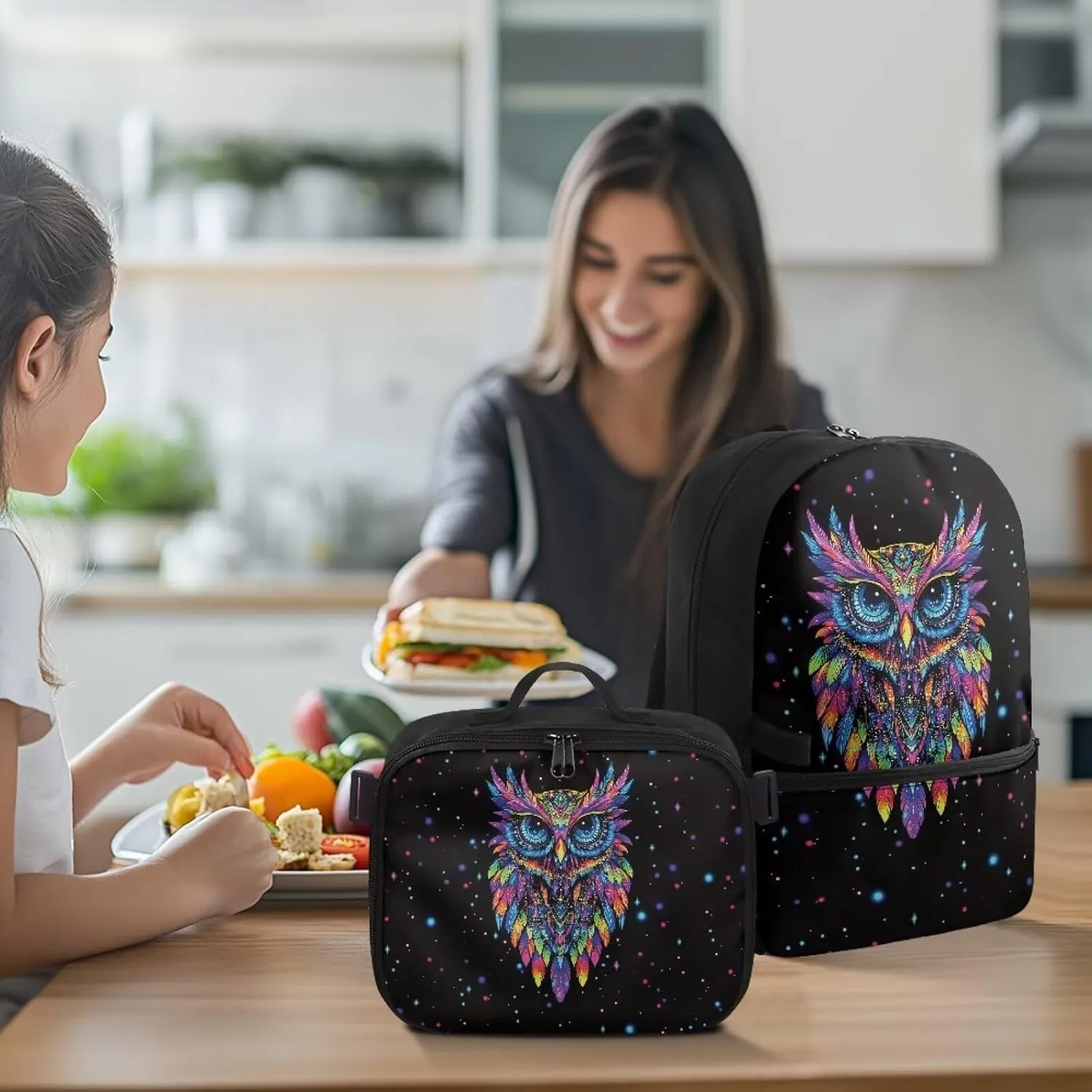 Babrukda Colorful Owl 17 Inch School Backpack Set for Boys 8-12 with Insulated Lunch Bag, Portable Small Lunch Tote Bag for Kids Large Capacity School Bag with Adjustable Shoulder Straps