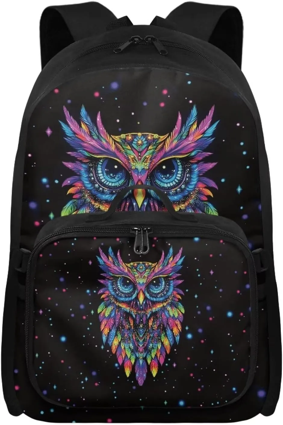 Babrukda Colorful Owl 17 Inch School Backpack Set for Boys 8-12 with Insulated Lunch Bag, Portable Small Lunch Tote Bag for Kids Large Capacity School Bag with Adjustable Shoulder Straps