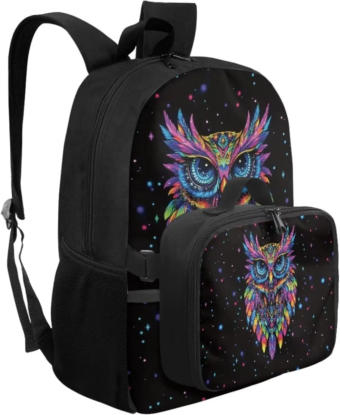 Babrukda Colorful Owl 17 Inch School Backpack Set for Boys 8-12 with Insulated Lunch Bag, Portable Small Lunch Tote Bag for Kids Large Capacity School Bag with Adjustable Shoulder Straps