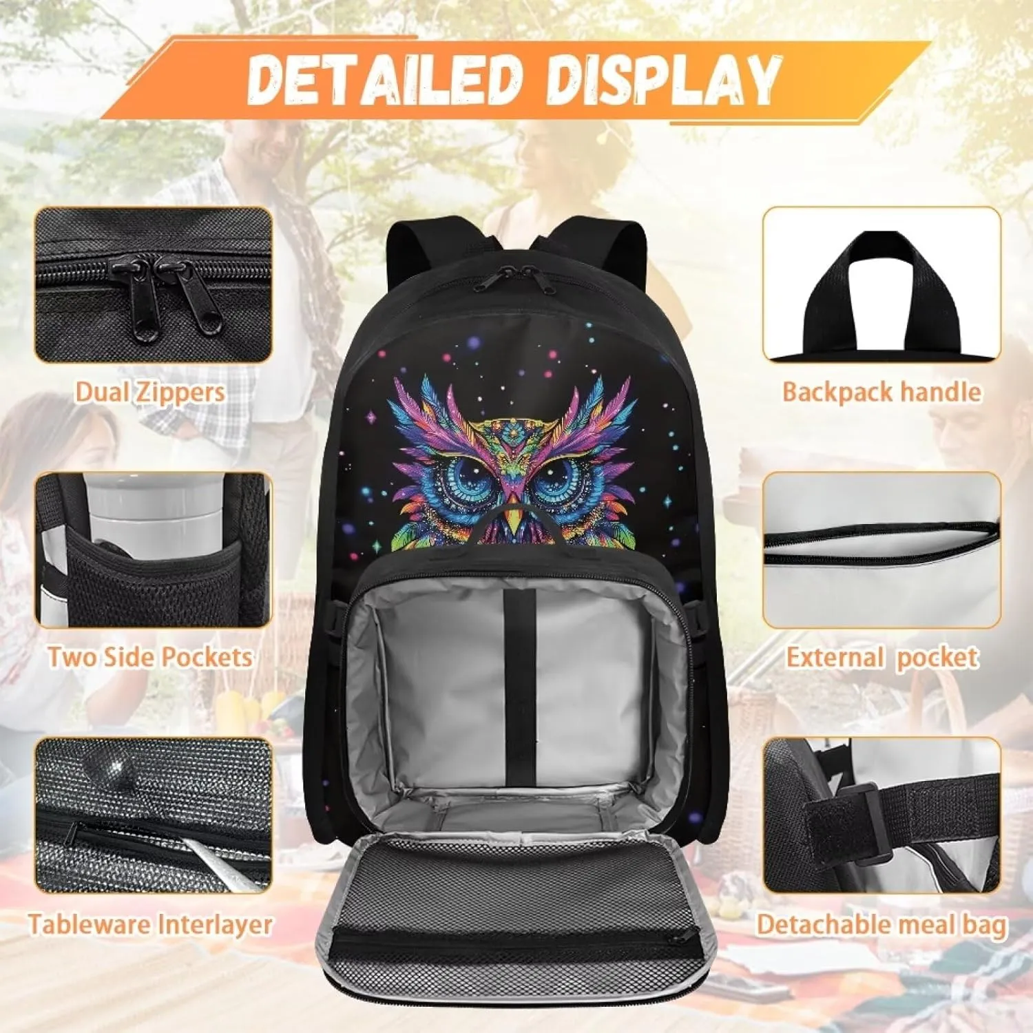 Babrukda Colorful Owl 17 Inch School Backpack Set for Boys 8-12 with Insulated Lunch Bag, Portable Small Lunch Tote Bag for Kids Large Capacity School Bag with Adjustable Shoulder Straps
