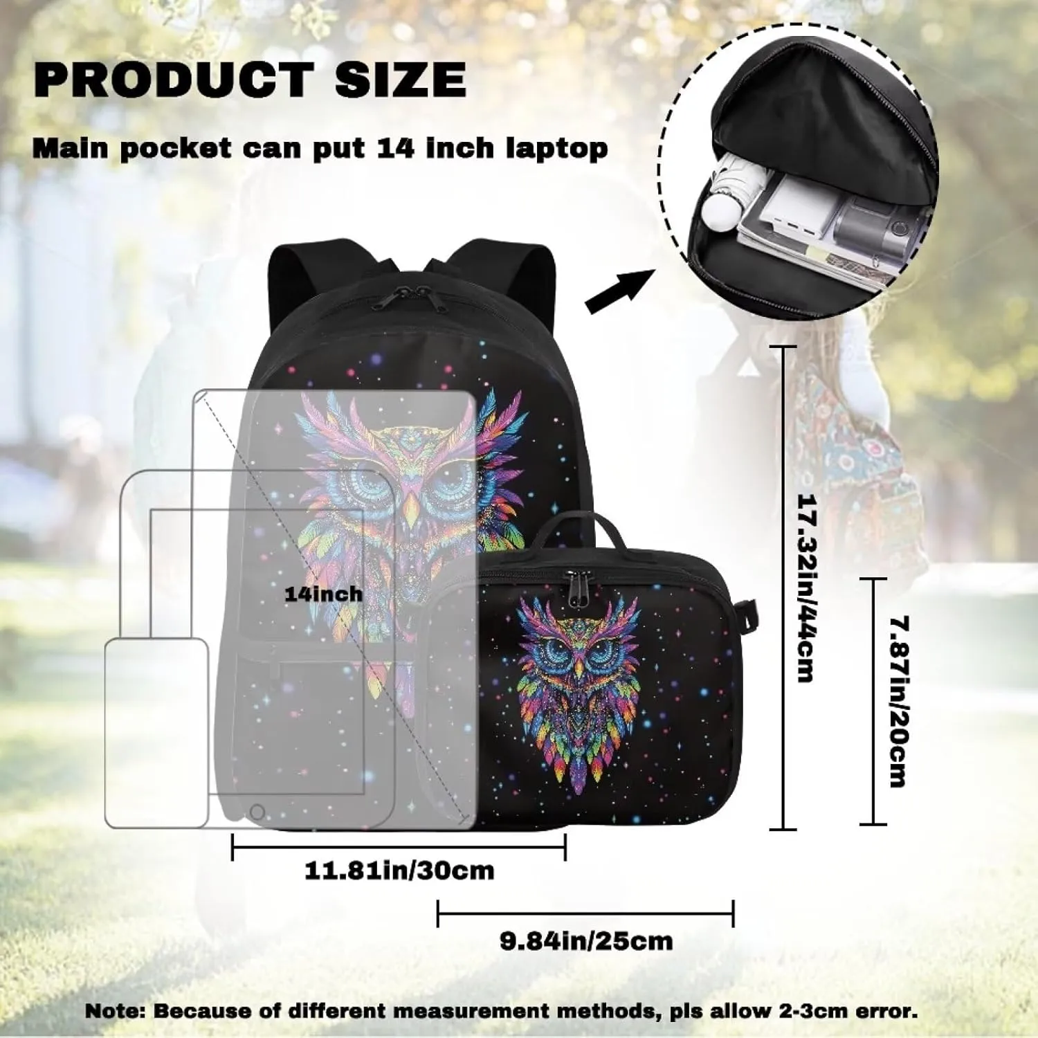 Babrukda Colorful Owl 17 Inch School Backpack Set for Boys 8-12 with Insulated Lunch Bag, Portable Small Lunch Tote Bag for Kids Large Capacity School Bag with Adjustable Shoulder Straps