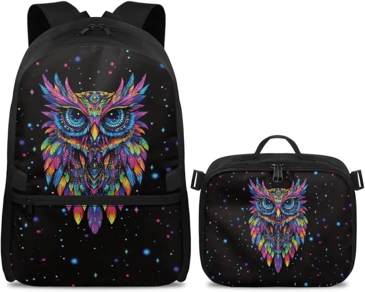 Babrukda Colorful Owl 17 Inch School Backpack Set for Boys 8-12 with Insulated Lunch Bag, Portable Small Lunch Tote Bag for Kids Large Capacity School Bag with Adjustable Shoulder Straps