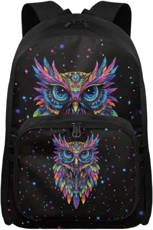 Babrukda Colorful Owl 17 Inch School Backpack Set for Boys 8-12 with Insulated Lunch Bag, Portable Small Lunch Tote Bag for Kids Large Capacity School Bag with Adjustable Shoulder Straps