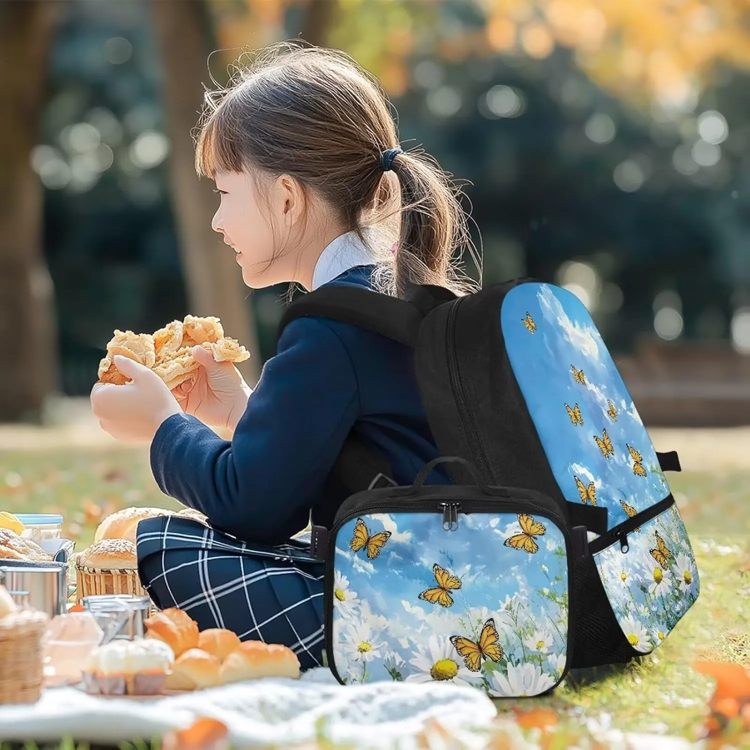 Babrukda Daisy Butterfly 17 Inch School Backpack Set for Girls with Small Lunch Box Containers, Reusable Insulated Lunch Bag for Kids Day Backpack, Travel Picnic Hiking 2 Pieces School Supplies