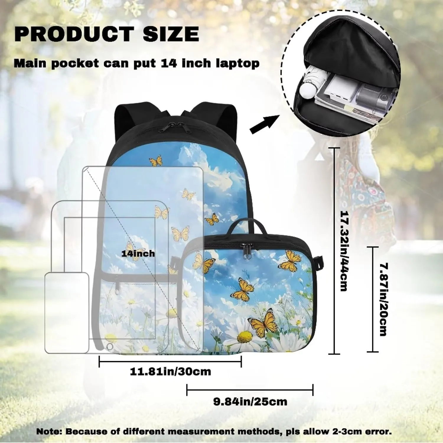 Babrukda Daisy Butterfly 17 Inch School Backpack Set for Girls with Small Lunch Box Containers, Reusable Insulated Lunch Bag for Kids Day Backpack, Travel Picnic Hiking 2 Pieces School Supplies