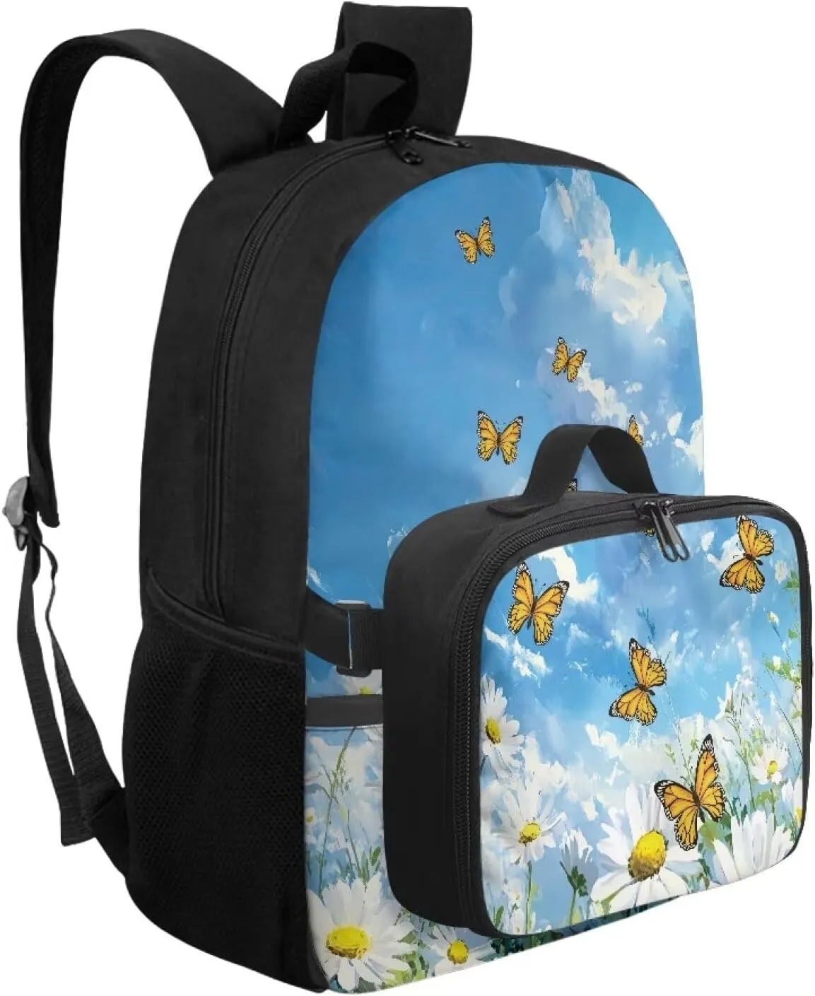 Babrukda Daisy Butterfly 17 Inch School Backpack Set for Girls with Small Lunch Box Containers, Reusable Insulated Lunch Bag for Kids Day Backpack, Travel Picnic Hiking 2 Pieces School Supplies