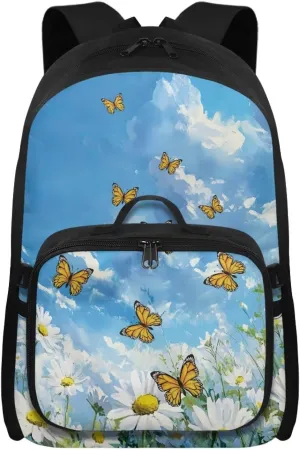 Babrukda Daisy Butterfly 17 Inch School Backpack Set for Girls with Small Lunch Box Containers, Reusable Insulated Lunch Bag for Kids Day Backpack, Travel Picnic Hiking 2 Pieces School Supplies