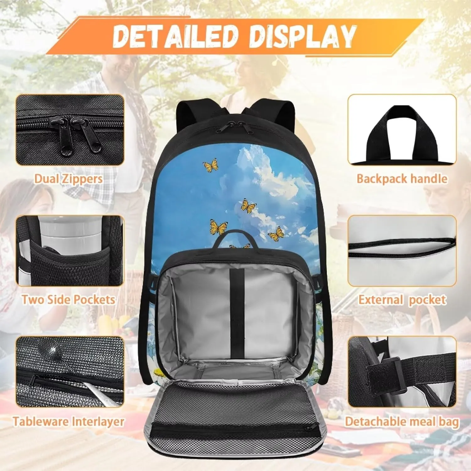 Babrukda Daisy Butterfly 17 Inch School Backpack Set for Girls with Small Lunch Box Containers, Reusable Insulated Lunch Bag for Kids Day Backpack, Travel Picnic Hiking 2 Pieces School Supplies