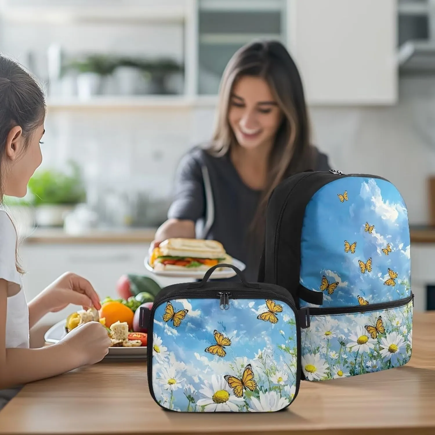 Babrukda Daisy Butterfly 17 Inch School Backpack Set for Girls with Small Lunch Box Containers, Reusable Insulated Lunch Bag for Kids Day Backpack, Travel Picnic Hiking 2 Pieces School Supplies