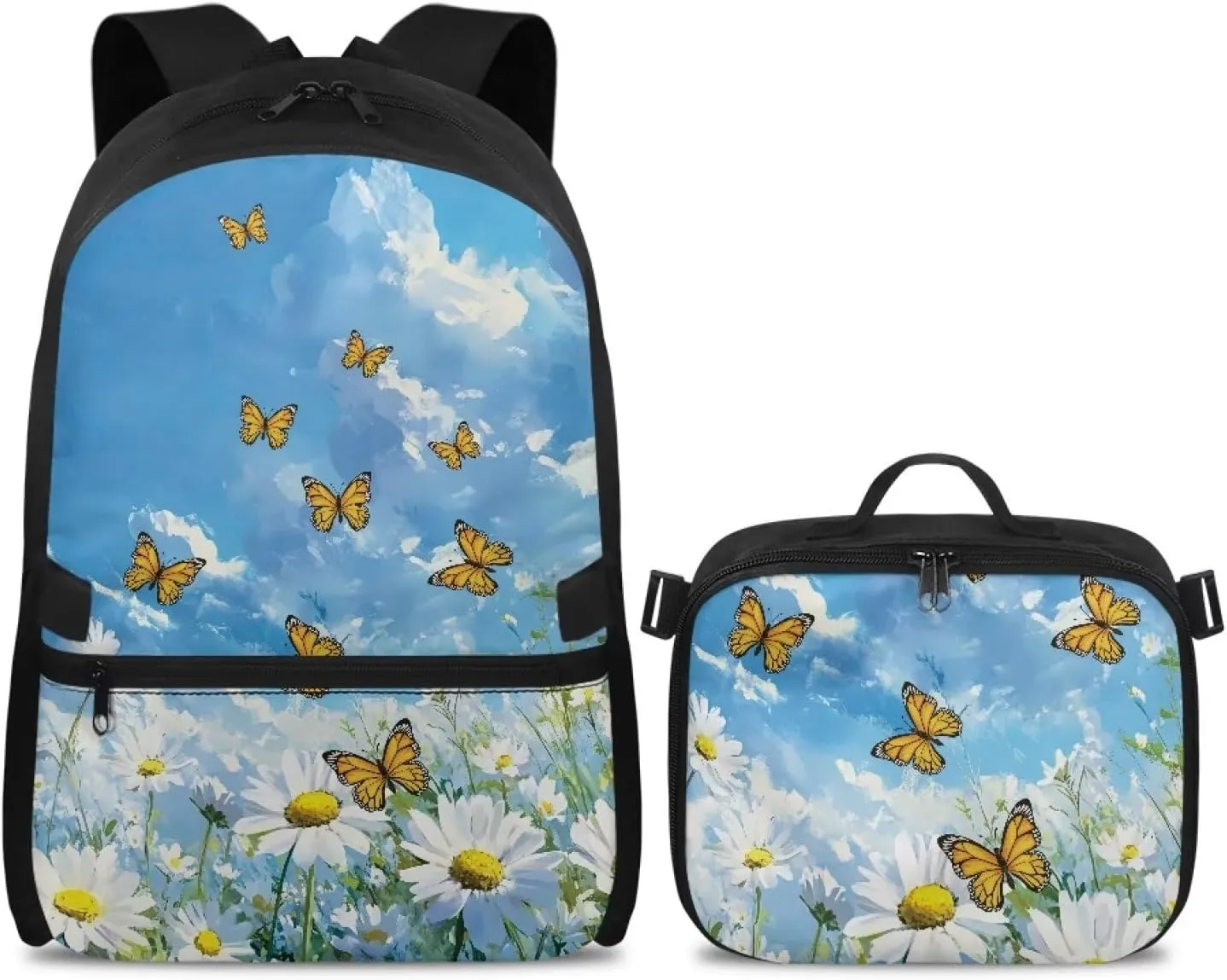 Babrukda Daisy Butterfly 17 Inch School Backpack Set for Girls with Small Lunch Box Containers, Reusable Insulated Lunch Bag for Kids Day Backpack, Travel Picnic Hiking 2 Pieces School Supplies