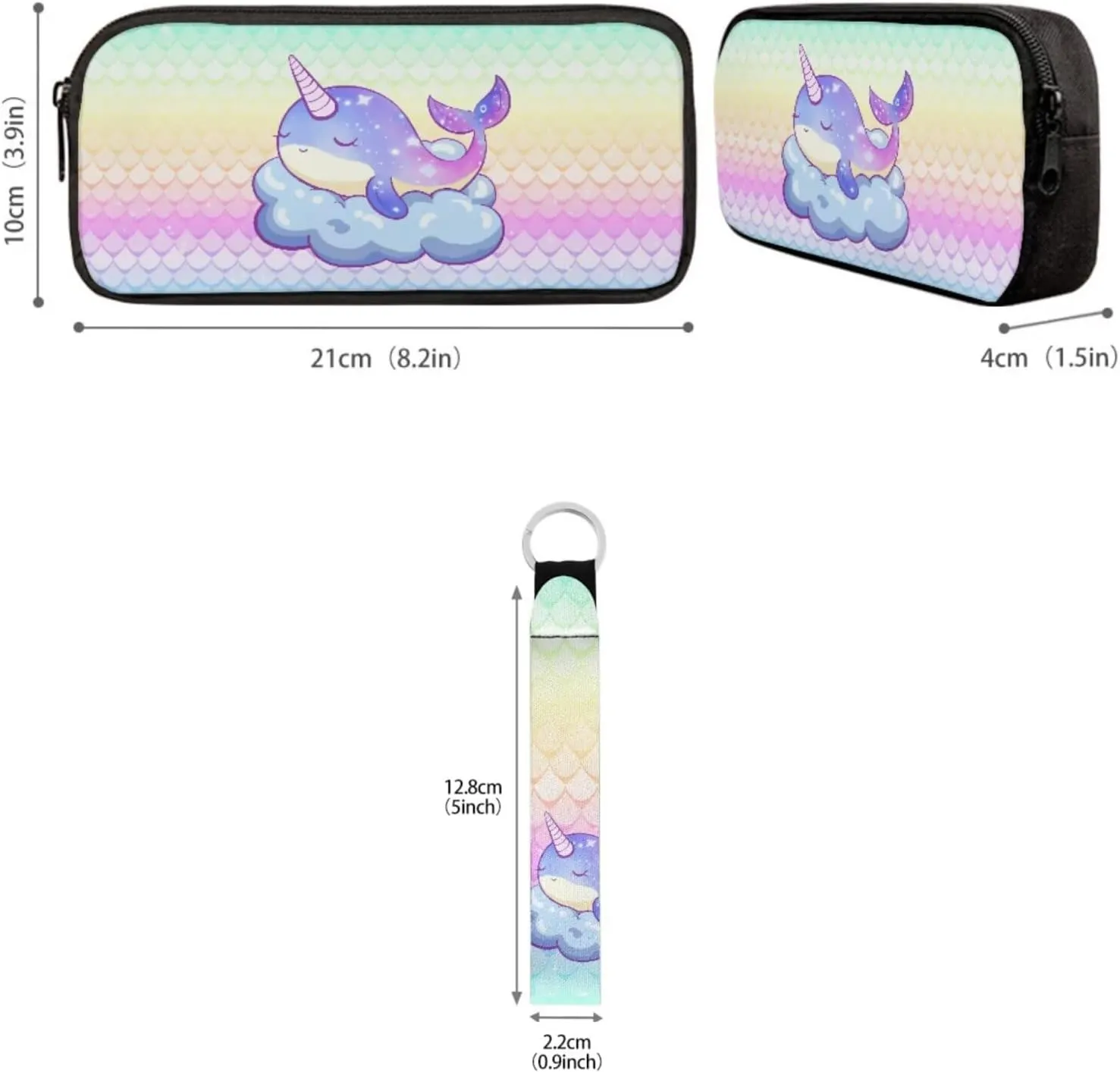 Babrukda Dolphin Fish Scales Print School Backpack Set with Insulated Lunch Bag for Girls Pencil Case Organizer, Kids School Bag Set with Pencil Bag Organizer Pouch, Keychain Lanyard