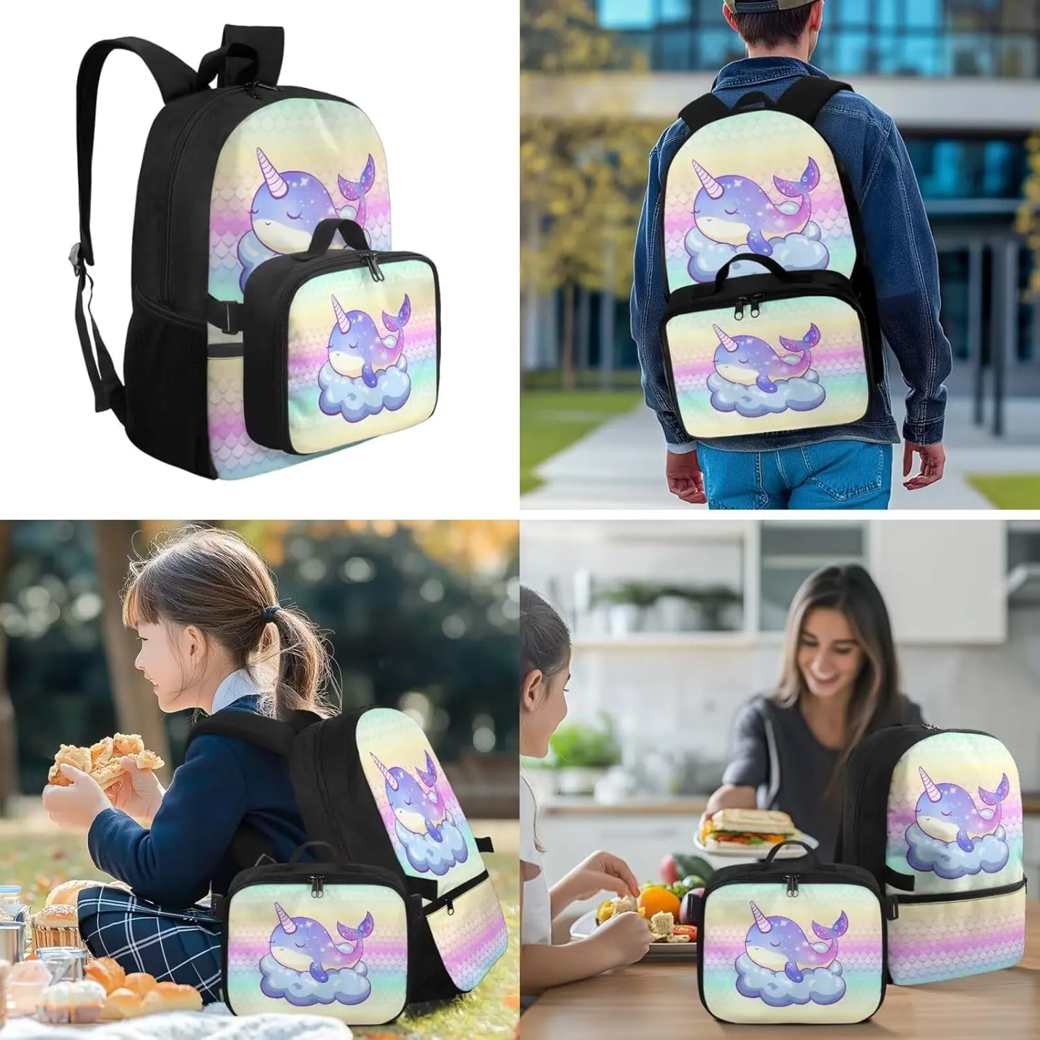 Babrukda Dolphin Fish Scales Print School Backpack Set with Insulated Lunch Bag for Girls Pencil Case Organizer, Kids School Bag Set with Pencil Bag Organizer Pouch, Keychain Lanyard