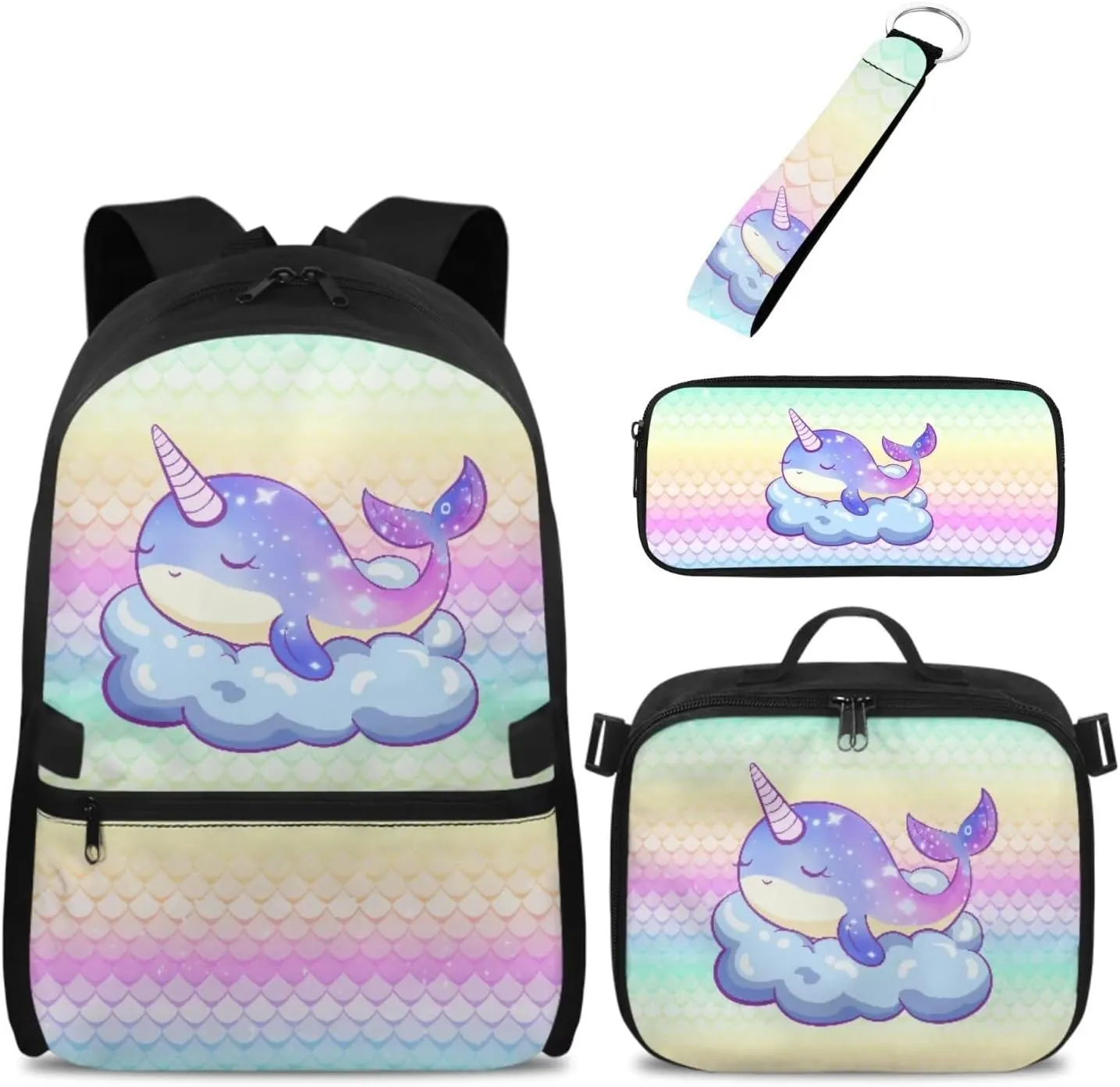 Babrukda Dolphin Fish Scales Print School Backpack Set with Insulated Lunch Bag for Girls Pencil Case Organizer, Kids School Bag Set with Pencil Bag Organizer Pouch, Keychain Lanyard