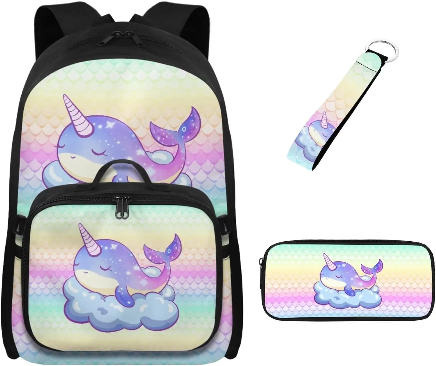 Babrukda Dolphin Fish Scales Print School Backpack Set with Insulated Lunch Bag for Girls Pencil Case Organizer, Kids School Bag Set with Pencil Bag Organizer Pouch, Keychain Lanyard