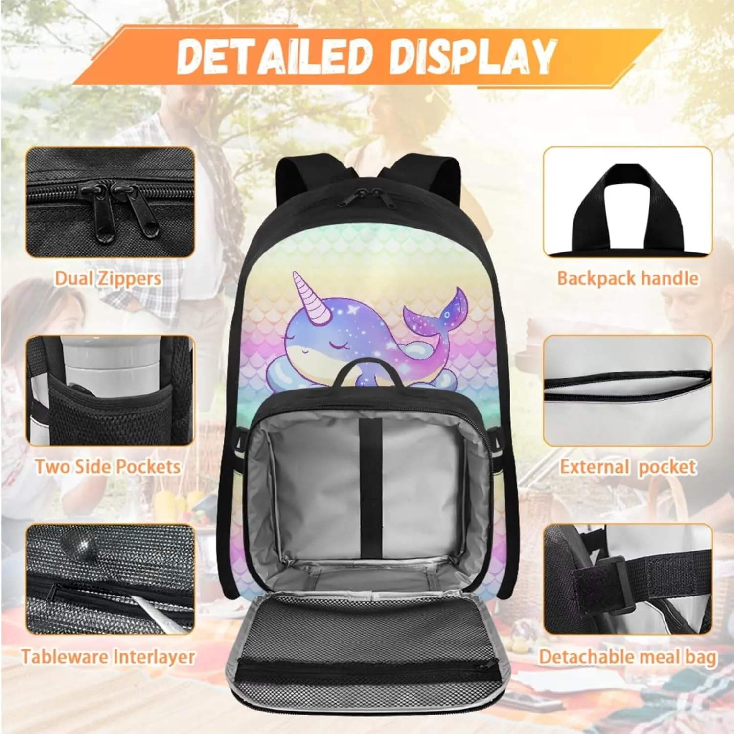 Babrukda Dolphin Fish Scales Print School Backpack Set with Insulated Lunch Bag for Girls Pencil Case Organizer, Kids School Bag Set with Pencil Bag Organizer Pouch, Keychain Lanyard