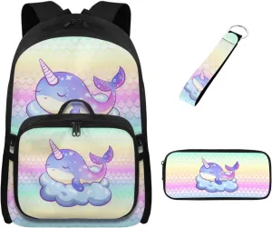 Babrukda Dolphin Fish Scales Print School Backpack Set with Insulated Lunch Bag for Girls Pencil Case Organizer, Kids School Bag Set with Pencil Bag Organizer Pouch, Keychain Lanyard
