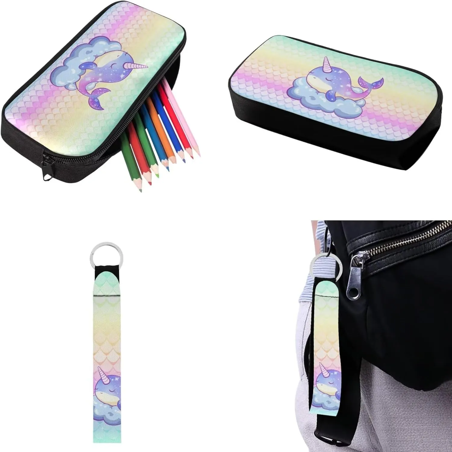 Babrukda Dolphin Fish Scales Print School Backpack Set with Insulated Lunch Bag for Girls Pencil Case Organizer, Kids School Bag Set with Pencil Bag Organizer Pouch, Keychain Lanyard