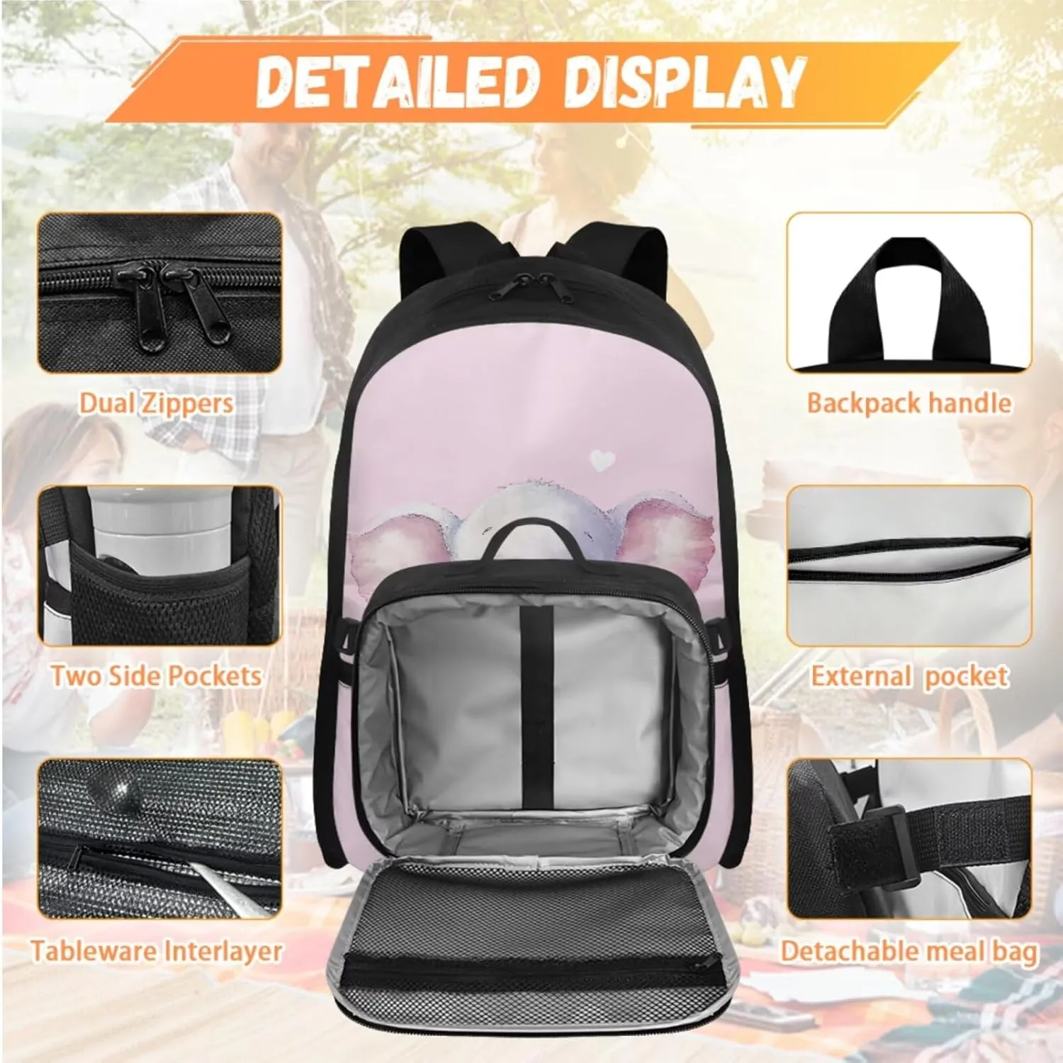 Babrukda Elephant Print School Back Pack Set for Kids Insulated Lunch Bag with Pencil Case Organizer, 17 Inch School Backpack for Girls Pencil Box Case Storage with Keychain Lanyard Pink