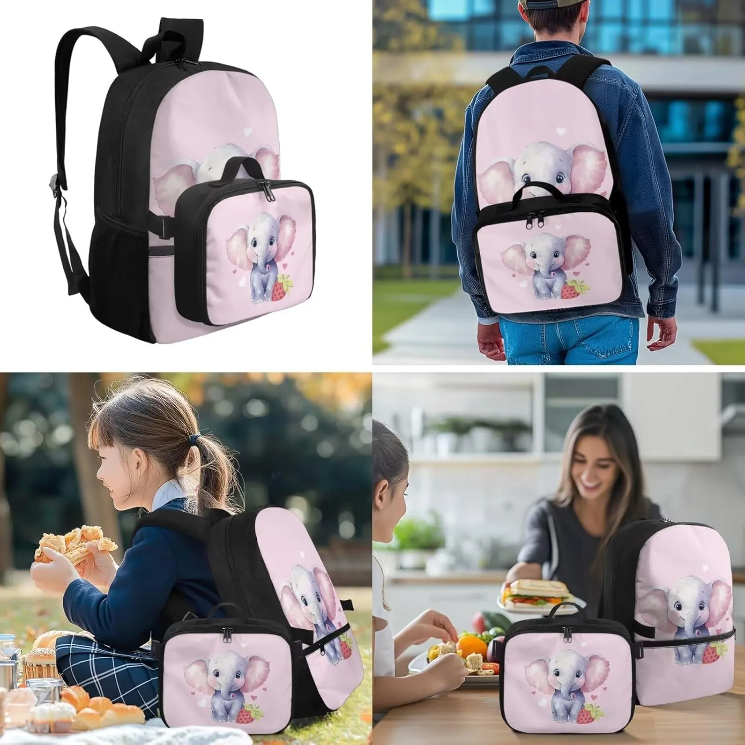 Babrukda Elephant Print School Back Pack Set for Kids Insulated Lunch Bag with Pencil Case Organizer, 17 Inch School Backpack for Girls Pencil Box Case Storage with Keychain Lanyard Pink