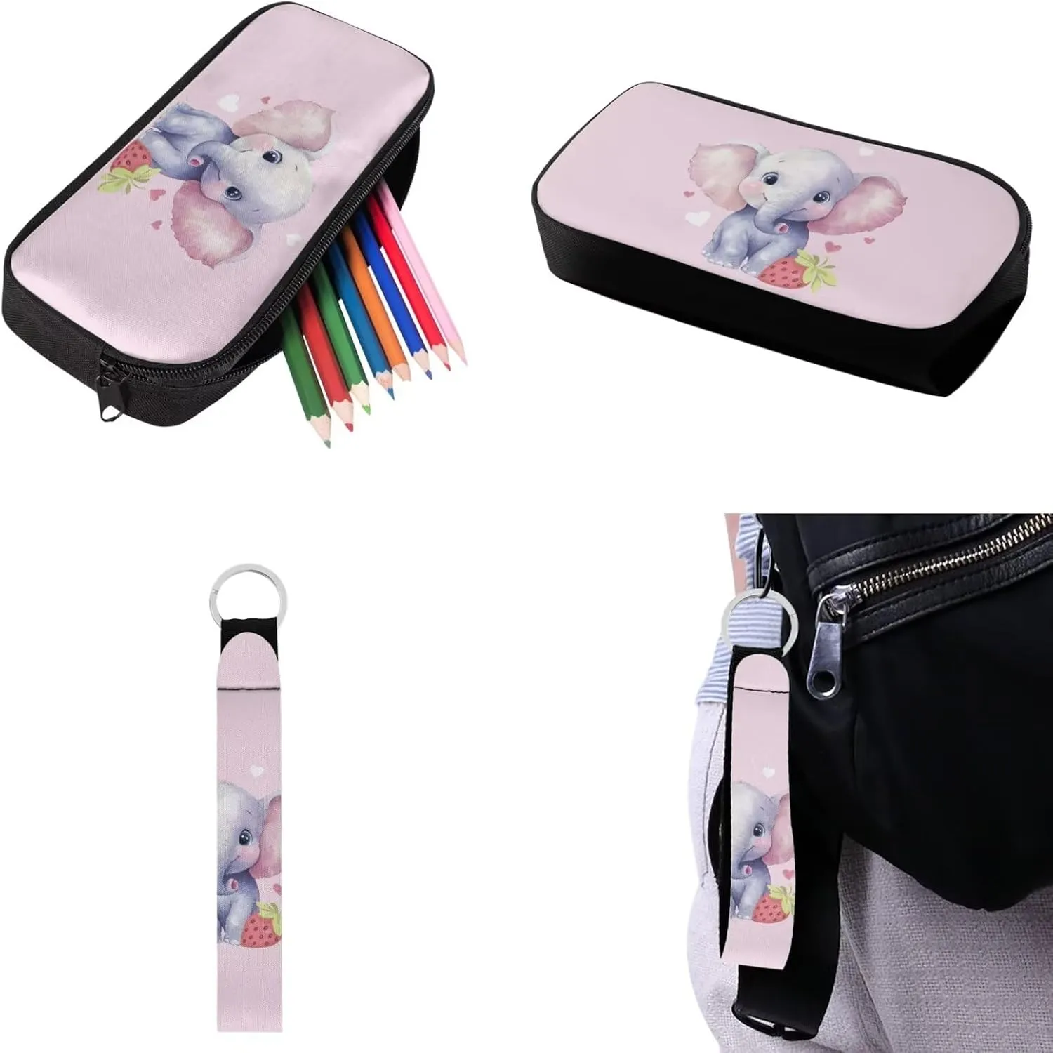 Babrukda Elephant Print School Back Pack Set for Kids Insulated Lunch Bag with Pencil Case Organizer, 17 Inch School Backpack for Girls Pencil Box Case Storage with Keychain Lanyard Pink