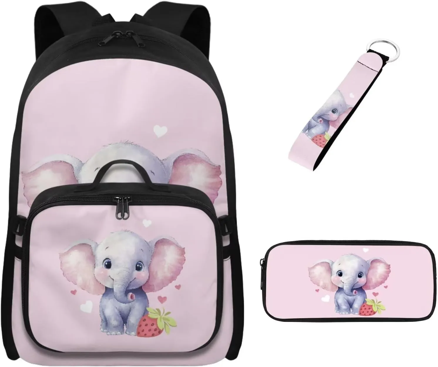 Babrukda Elephant Print School Back Pack Set for Kids Insulated Lunch Bag with Pencil Case Organizer, 17 Inch School Backpack for Girls Pencil Box Case Storage with Keychain Lanyard Pink