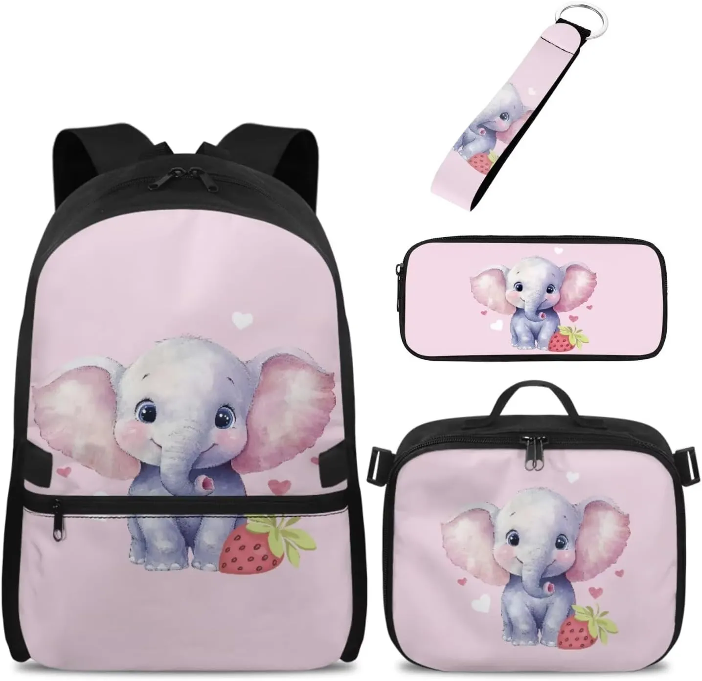 Babrukda Elephant Print School Back Pack Set for Kids Insulated Lunch Bag with Pencil Case Organizer, 17 Inch School Backpack for Girls Pencil Box Case Storage with Keychain Lanyard Pink